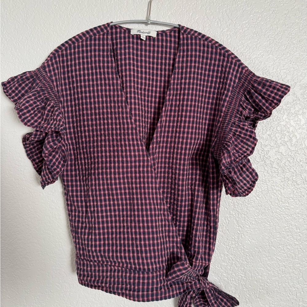 Madewell Flutter-Sleeve Side-Tie Wrap Top in Plaid